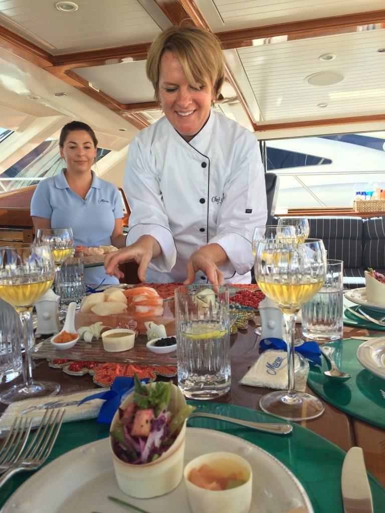 The yacht chef prepares meals and menus for food served onboard during a yacht charter. 
