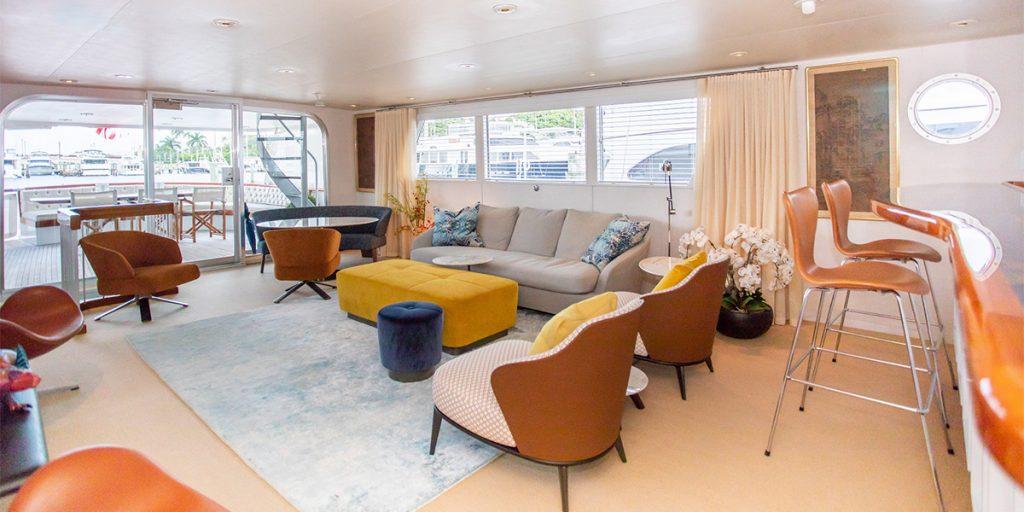 97' Burger motor yacht SOVEREIGN mid-century modern interior.
